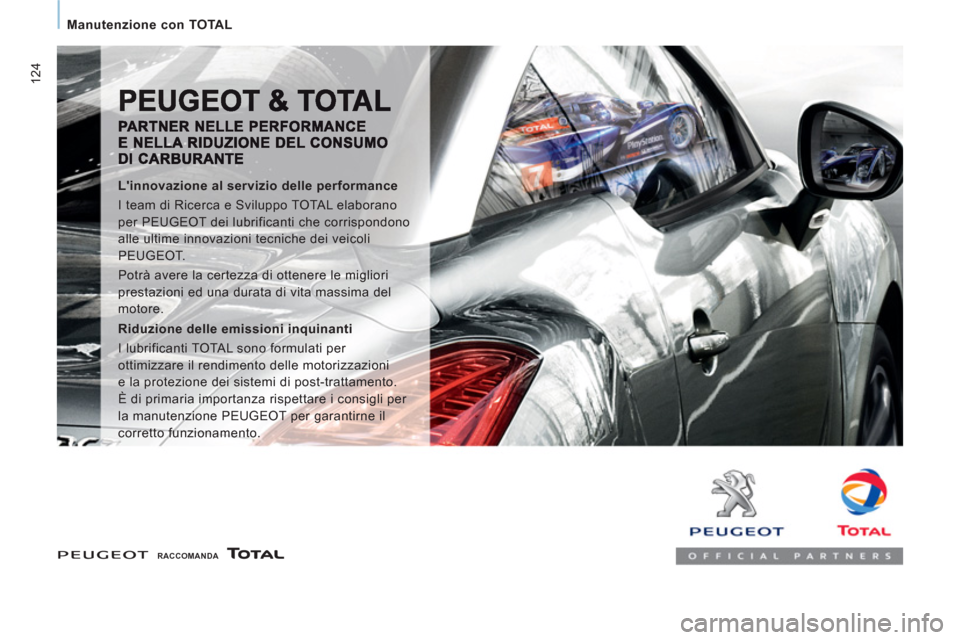 Peugeot Expert Tepee 2012  Manuale del proprietario (in Italian) 124
   
 
Manutenzione con TOTAL
 
 
 
RACCOMANDA  
 
 
 
 
Linnovazione al servizio delle performance 
  I team di Ricerca e Sviluppo TOTAL elaborano 
per PEUGEOT dei lubrificanti che corrispondono 