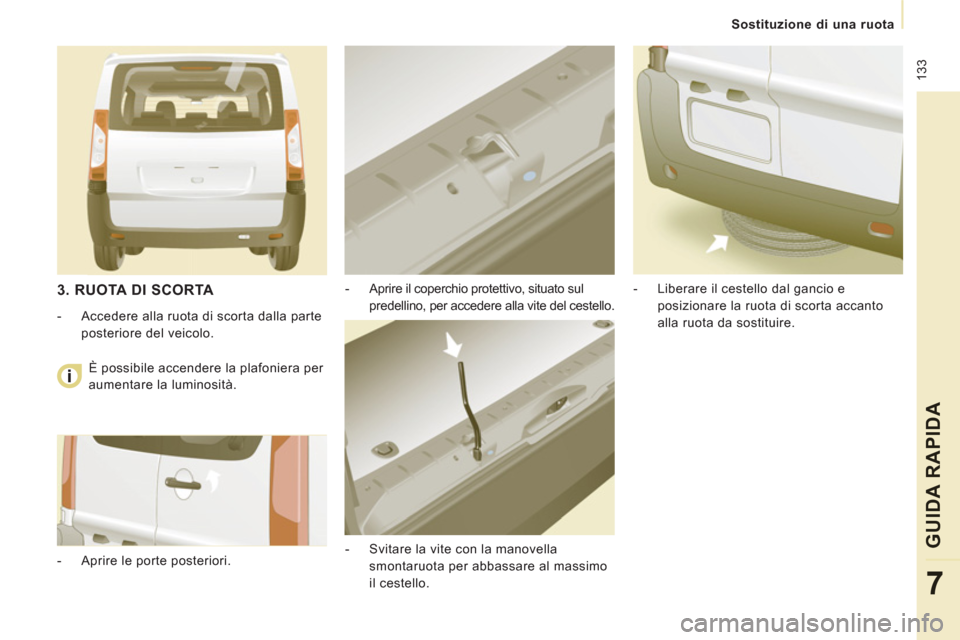 Peugeot Expert Tepee 2012  Manuale del proprietario (in Italian)  133
Sostituzione di una ruota
GUIDA RAPID
A
7
   
-   Aprire il coperchio protettivo, situato sul 
predellino, per accedere alla vite del cestello. 
   
-   Svitare la vite con la manovella 
smontaru