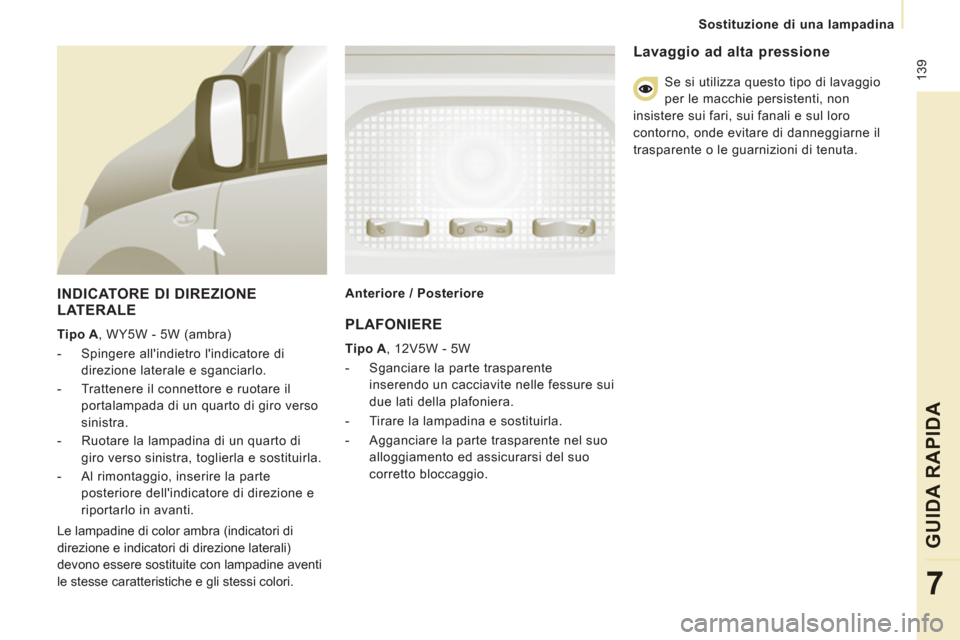 Peugeot Expert Tepee 2012  Manuale del proprietario (in Italian)  139
Sostituzione di una lampadina
GUIDA RAPID
A
7
   
INDICATORE DI DIREZIONE LATERALE 
 
 
Tipo A 
, WY5W - 5W (ambra) 
   
 
-   Spingere allindietro lindicatore di 
direzione laterale e sganciar