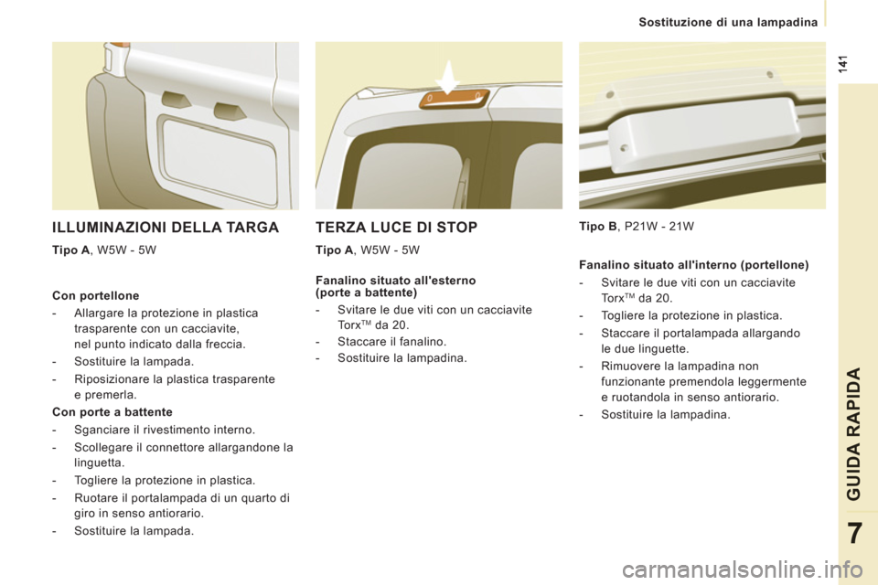 Peugeot Expert Tepee 2012  Manuale del proprietario (in Italian) Sostituzione di una lampadina
GUIDA RAPID
A
7
TERZA LUCE DI STOP 
   
Tipo A 
, W5W - 5W     
Tipo B 
, P21W - 21W  
 
ILLUMINAZIONI DELLA TARGA 
 
 
Tipo A 
, W5W - 5W  
   
Con portellone 
   
 
-  