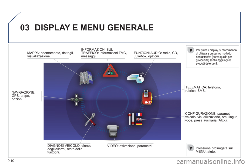 Peugeot Expert Tepee 2012  Manuale del proprietario (in Italian) 9.10
03DISPLAY E MENU GENERALE 
   
 
 
 
 
 
 
 Per pulire il display, si raccomandadi utilizzare un panno morbido non abrasivo (come quello per gli occhiali) senza aggiungereprodotti detergenti.  
 