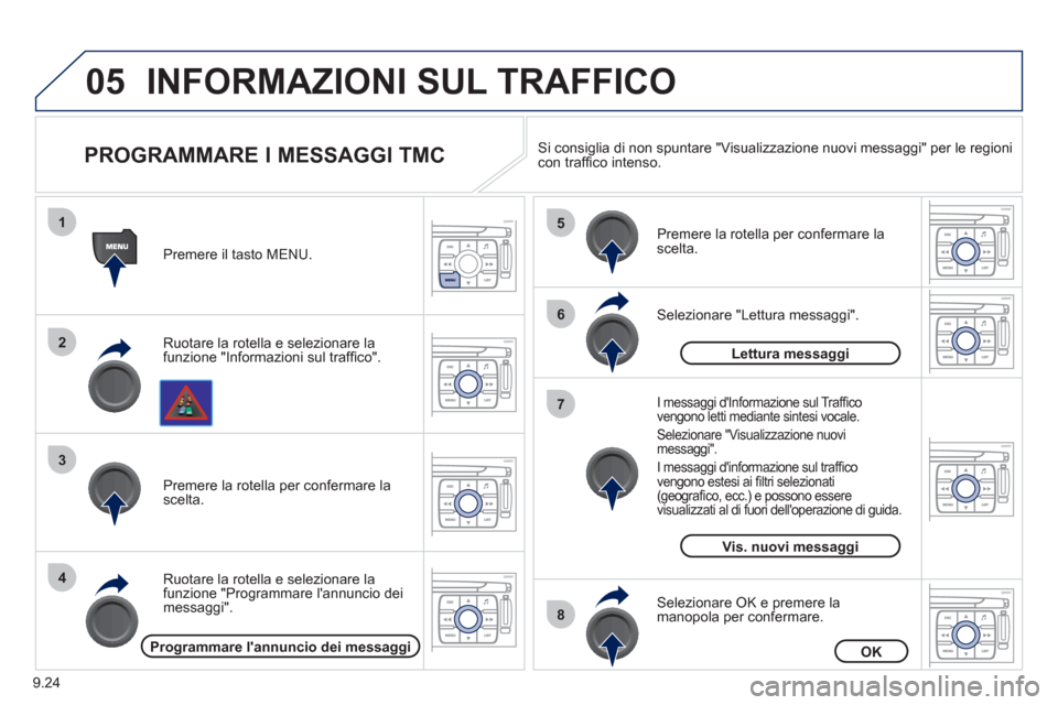 Peugeot Expert Tepee 2012  Manuale del proprietario (in Italian) 9.24
05
1
2
3
4
5
6
8
7
INFORMAZIONI SUL TRAFFICO
   
PROGRAMMARE I MESSAGGI TMC 
Ruotare la rotella e selezionare la 
funzione "Informazioni sul trafﬁ co".   Premere il tasto MEN
U.
Ruotare la rote
