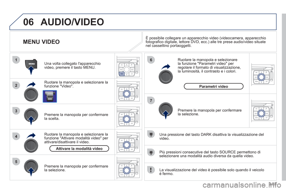 Peugeot Expert Tepee 2012 Manuale del proprietario (in Italian) 9.33
06
1
2
4
3
7
5
6
AUDIO/VIDEO
MENU VIDEO
Ruotare la manopola e selezionare la
funzione "Video".
Una volta colle
gato lapparecchio
video, premere il tasto MENU. Peugeot Expert Tepee 2012 Manuale del proprietario (in Italian) 9.33
06
1
2
4
3
7
5
6
AUDIO/VIDEO
MENU VIDEO
Ruotare la manopola e selezionare la
funzione "Video".
Una volta colle
gato lapparecchio
video, premere il tasto MENU.