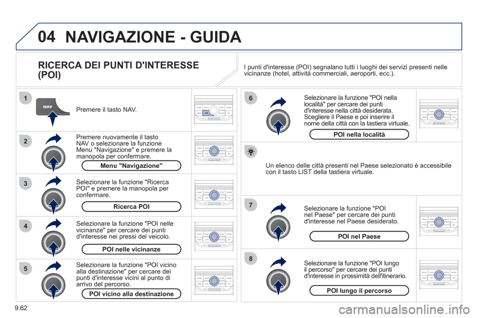 Peugeot Expert Tepee 2012 Manuale del proprietario (in Italian) 9.62
04
8
6
7
4
3
5
2
1
NAVIGAZIONE - GUIDA
RICERCA DEI PUNTI DINTERESSE
(POI)
Premere il tasto NAV.
Pr
emere nuovamente il tasto NAV o selezionare la funzione Menu "Navigazione" e Peugeot Expert Tepee 2012 Manuale del proprietario (in Italian) 9.62
04
8
6
7
4
3
5
2
1
NAVIGAZIONE - GUIDA
RICERCA DEI PUNTI DINTERESSE
(POI)
Premere il tasto NAV.
Pr
emere nuovamente il tasto NAV o selezionare la funzione Menu "Navigazione" e