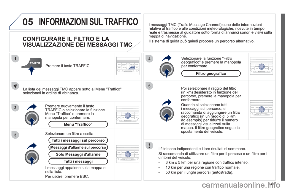 Peugeot Expert Tepee 2012 Manuale del proprietario (in Italian) 9.65
05
2 1
3
4
5
INFORMAZIONI SUL TRAFFICO
CONFIGURARE IL FILTRO E LA
VISUALIZZAZIONE DEI MESSAGGI TMC
Poi selezionare il raggio del fi ltro(in km) desiderato in funzione de Peugeot Expert Tepee 2012 Manuale del proprietario (in Italian) 9.65
05
2 1
3
4
5
INFORMAZIONI SUL TRAFFICO
CONFIGURARE IL FILTRO E LA
VISUALIZZAZIONE DEI MESSAGGI TMC
Poi selezionare il raggio del fi ltro(in km) desiderato in funzione de