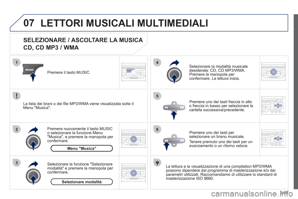 Peugeot Expert Tepee 2012 Manuale del proprietario (in Italian) 9.69
07
3 2 1
6
4
5
SELEZIONARE / ASCOLTARE LA MUSICA
CD, CD MP3 / WMA
La lettura e la visualizzazione di una compilation MP3/WMA
possono dipendere dal programma di maste Peugeot Expert Tepee 2012 Manuale del proprietario (in Italian) 9.69
07
3 2 1
6
4
5
SELEZIONARE / ASCOLTARE LA MUSICA
CD, CD MP3 / WMA
La lettura e la visualizzazione di una compilation MP3/WMA
possono dipendere dal programma di maste