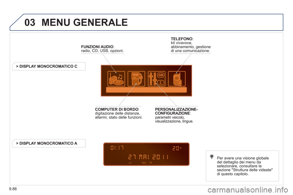 Peugeot Expert Tepee 2012 Manuale del proprietario (in Italian) 9.88
03 MENU GENERALE
FUNZIONI AUDIO
:radio, CD, USB, opzioni.
> DISPLAY MONOCROMATICO C
Per avere una visione
globale
del dettaglio dei menu da selezionare, consultare lase Peugeot Expert Tepee 2012 Manuale del proprietario (in Italian) 9.88
03 MENU GENERALE
FUNZIONI AUDIO
:radio, CD, USB, opzioni.
> DISPLAY MONOCROMATICO C
Per avere una visione
globale
del dettaglio dei menu da selezionare, consultare lase