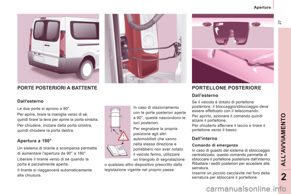 Peugeot Expert Tepee 2012 Manuale del proprietario (in Italian) 27
Aperture
ALLAVVIAMENTO
2
PORTE POSTERIORI A BATTENTE
In caso di stazionamento
con le porte posteriori aperte
a 90°, queste nascondono le
luci posteriori.
Per segnalare la prop Peugeot Expert Tepee 2012 Manuale del proprietario (in Italian) 27
Aperture
ALLAVVIAMENTO
2
PORTE POSTERIORI A BATTENTE
In caso di stazionamento
con le porte posteriori aperte
a 90°, queste nascondono le
luci posteriori.
Per segnalare la prop