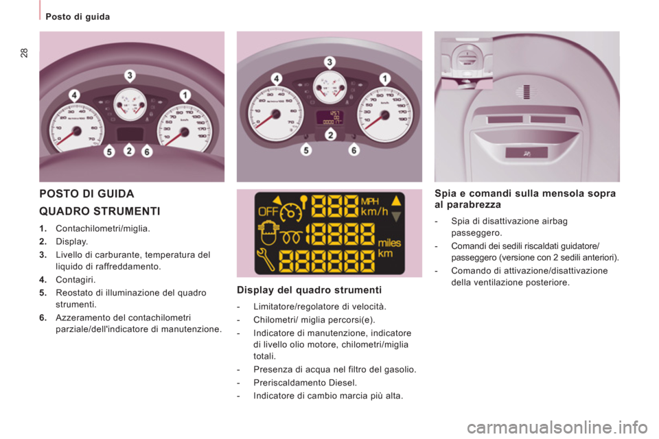 Peugeot Expert Tepee 2012 Manuale del proprietario (in Italian) 28
Posto di guida
QUADRO STRUMENTI
1.
Contachilometri/miglia.
2.
Display.
3.
Livello di carburante, temperatura del
liquido di raffreddamento.
4.
Contagiri. Peugeot Expert Tepee 2012 Manuale del proprietario (in Italian) 28
Posto di guida
QUADRO STRUMENTI
1.
Contachilometri/miglia.
2.
Display.
3.
Livello di carburante, temperatura del
liquido di raffreddamento.
4.
Contagiri.