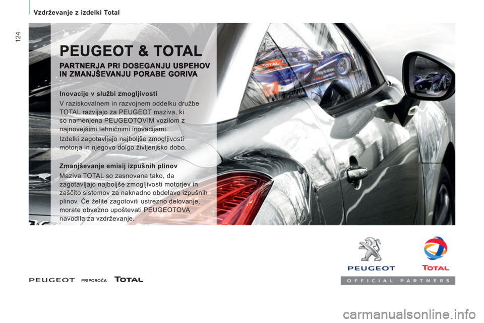 Peugeot Expert Tepee 2012 Priročnik za lastnika (in Slovenian) 124
Vzdrževanje z izdelki Total
PRIPOROČA
Inovacije v službi zmogljivosti
V raziskovalnem in razvojnem oddelku družbe
TOTAL razvijajo za PEUGEOT maziva, ki
so namenjena Peugeot Expert Tepee 2012 Priročnik za lastnika (in Slovenian) 124
Vzdrževanje z izdelki Total
PRIPOROČA
Inovacije v službi zmogljivosti
V raziskovalnem in razvojnem oddelku družbe
TOTAL razvijajo za PEUGEOT maziva, ki
so namenjena