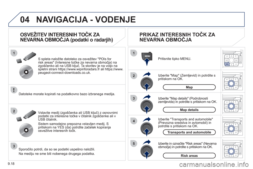 Peugeot Expert Tepee 2012 Priročnik za lastnika (in Slovenian) 9.18
04
1
2
3
5
4
1
2
3
NAVIGACIJA - VODENJE
Izberite "Map" (Zemljevid) in potrdite spritiskom na OK. Pritisnite ti
pko MENU.
Izberite "Transports and automobile"
(Prevozna sredstva in avtomobil) Peugeot Expert Tepee 2012 Priročnik za lastnika (in Slovenian) 9.18
04
1
2
3
5
4
1
2
3
NAVIGACIJA - VODENJE
Izberite "Map" (Zemljevid) in potrdite spritiskom na OK. Pritisnite ti
pko MENU.
Izberite "Transports and automobile"
(Prevozna sredstva in avtomobil)