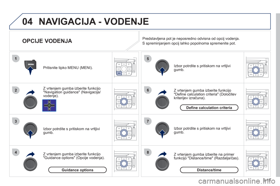 Peugeot Expert Tepee 2012 Priročnik za lastnika (in Slovenian) 9.19
04
2
3
4
5
6
7
8
NAVIGACIJA - VODENJE
OPCIJE VODENJA
Z vrtenjem gumba izberite funkcijo"Navigation guidance" (Navigacija/vodenje). Pritisnite tipko MENU
(MENI).
Z vrten
jem gu Peugeot Expert Tepee 2012 Priročnik za lastnika (in Slovenian) 9.19
04
2
3
4
5
6
7
8
NAVIGACIJA - VODENJE
OPCIJE VODENJA
Z vrtenjem gumba izberite funkcijo"Navigation guidance" (Navigacija/vodenje). Pritisnite tipko MENU
(MENI).
Z vrten
jem gu