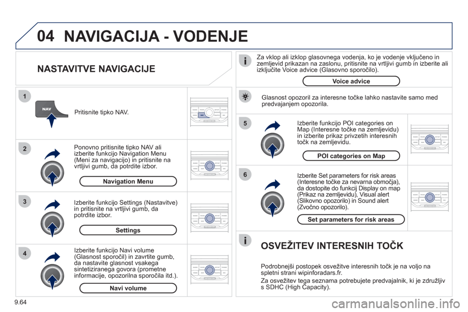 Peugeot Expert Tepee 2012 Priročnik za lastnika (in Slovenian) 9.64
04
5
6
3 2 1
4
NASTAVITVE NAVIGACIJE
Izberite Set parameters for risk areas (Interesne točke za nevarna območja),
da dostopite do funkcij Display on map (Prikaz na zemljevidu), Visual Peugeot Expert Tepee 2012 Priročnik za lastnika (in Slovenian) 9.64
04
5
6
3 2 1
4
NASTAVITVE NAVIGACIJE
Izberite Set parameters for risk areas (Interesne točke za nevarna območja),
da dostopite do funkcij Display on map (Prikaz na zemljevidu), Visual