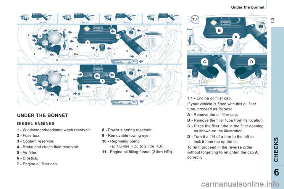 Peugeot Expert Tepee 2011 Owners Manual 11 3
Under the bonnet
CHECK
S
6
DIESEL ENGINES
8 -
Power steering reservoir.
9 -
Removable towing eye.
10 -
Repriming pump
( a
: 1.6 litre HDi; b
: 2 litre HDi) Peugeot Expert Tepee 2011 Owners Manual 11 3
Under the bonnet
CHECK
S
6
DIESEL ENGINES
8 -
Power steering reservoir.
9 -
Removable towing eye.
10 -
Repriming pump
( a
: 1.6 litre HDi; b
: 2 litre HDi)