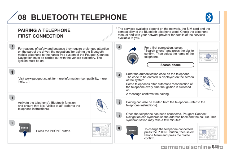 Peugeot Expert Tepee 2011 Owners Manual 9.69
08
1
2
3
4
BLUETOOTH TELEPHONE
*
The services available depend on the network, the SIM card and thecompatibility of the Bluetooth telephone used. Check the telephone
manual and with your ne Peugeot Expert Tepee 2011 Owners Manual 9.69
08
1
2
3
4
BLUETOOTH TELEPHONE
*
The services available depend on the network, the SIM card and thecompatibility of the Bluetooth telephone used. Check the telephone
manual and with your ne