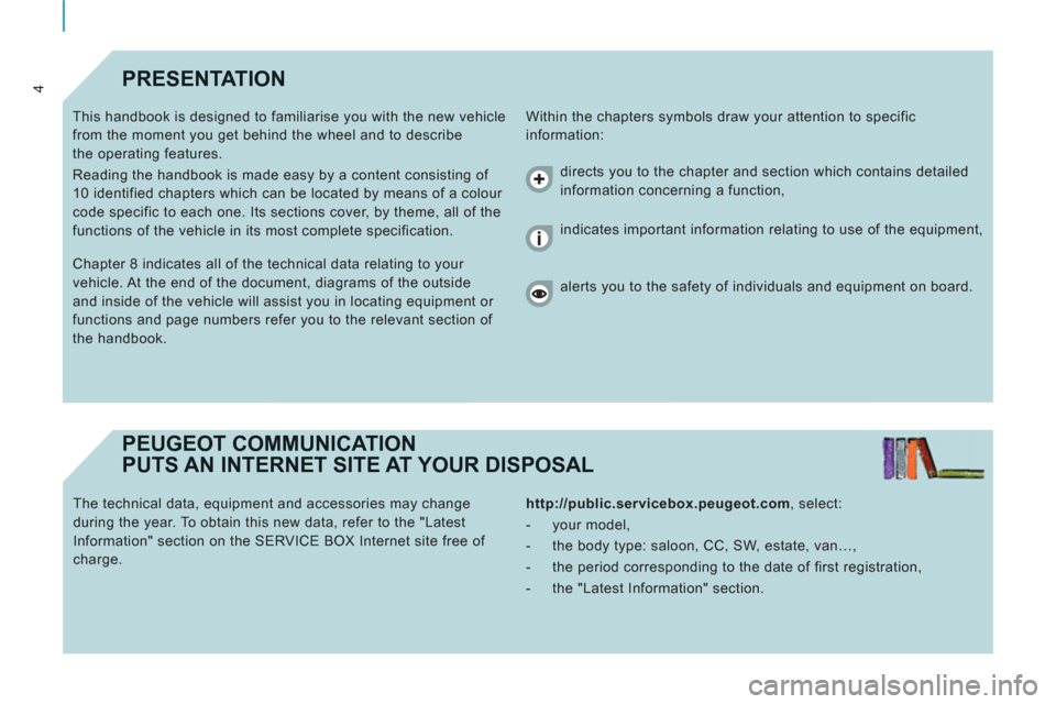 Peugeot Expert Tepee 2011  Owners Manual 4PRESENTATION
  Within the chapters symbols draw your attention to specific 
information:    This handbook is designed to familiarise you with the new vehicle 
from the moment you get behind the wheel