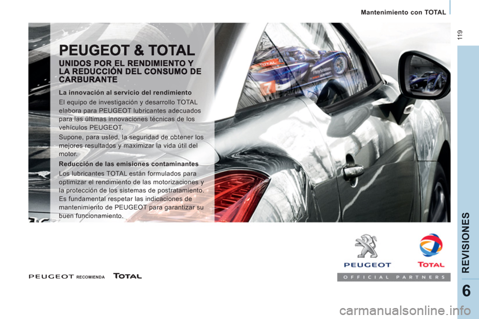 Peugeot Expert Tepee 2011 Manual del propietario (in Spanish) 11 9
Mantenimiento con TOTAL
REVI
SIONE
S
6
RECOMIENDA
La innovación al servicio del rendimiento
El equipo de investigación y desarrollo TOTAL
elabora para PEUGEOT lub Peugeot Expert Tepee 2011 Manual del propietario (in Spanish) 11 9
Mantenimiento con TOTAL
REVI
SIONE
S
6
RECOMIENDA
La innovación al servicio del rendimiento
El equipo de investigación y desarrollo TOTAL
elabora para PEUGEOT lub
