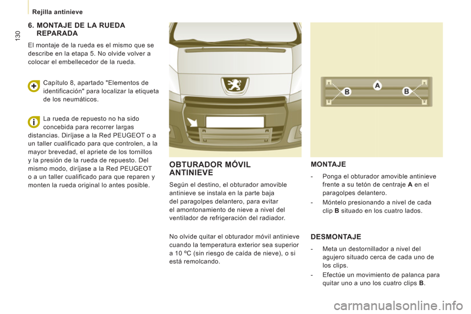 Peugeot Expert Tepee 2011 Manual del propietario (in Spanish) 130
Rejilla antinieve
OBTURADOR MÓVILANTINIEVE
Según el destino, el obturador amovible
antinieve se instala en la parte baja
del paragolpes delantero, para evitar
el amontonamiento de Peugeot Expert Tepee 2011 Manual del propietario (in Spanish) 130
Rejilla antinieve
OBTURADOR MÓVILANTINIEVE
Según el destino, el obturador amovible
antinieve se instala en la parte baja
del paragolpes delantero, para evitar
el amontonamiento de