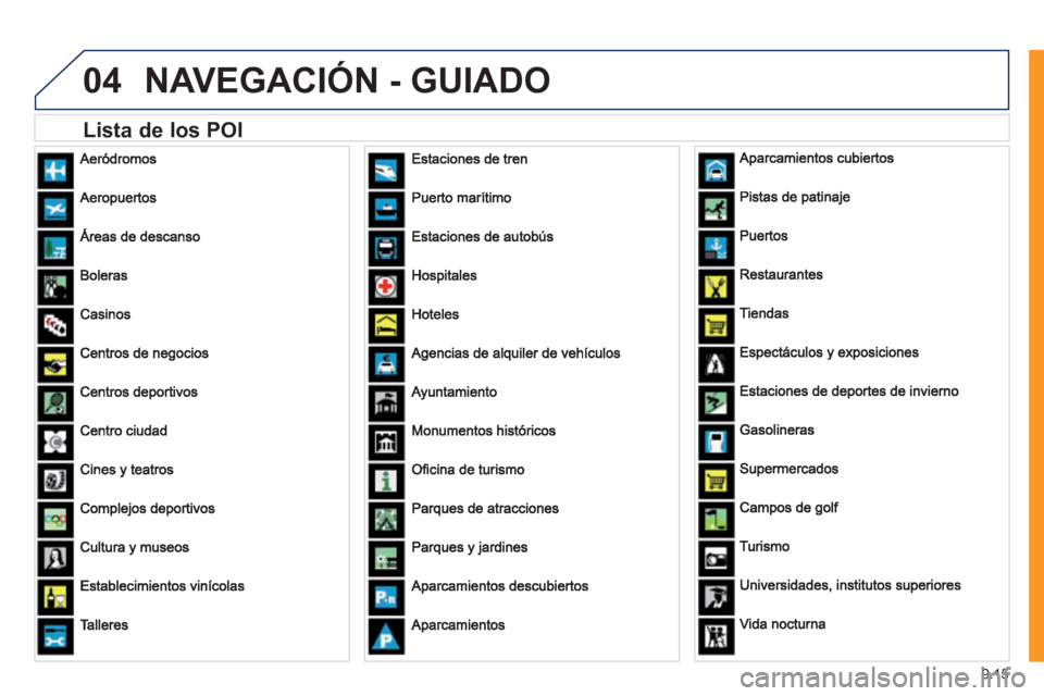 Peugeot Expert Tepee 2011 Manual del propietario (in Spanish) 9.15
04NAVEGACIÓN - GUIADO
Lista de los POI Peugeot Expert Tepee 2011 Manual del propietario (in Spanish) 9.15
04NAVEGACIÓN - GUIADO
Lista de los POI