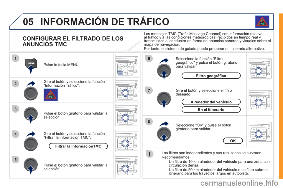 Peugeot Expert Tepee 2011 Manual del propietario (in Spanish) 9.21
05
1
2
3
5
6
7
8
4
INFORMACIÓN DE TRÁFICO
CONFIGURAR EL FILTRADO DE LOS
ANUNCIOS TMC
Gire el botón y seleccione la función "Información Tráfi co". Pulse la tecla MEN Peugeot Expert Tepee 2011 Manual del propietario (in Spanish) 9.21
05
1
2
3
5
6
7
8
4
INFORMACIÓN DE TRÁFICO
CONFIGURAR EL FILTRADO DE LOS
ANUNCIOS TMC
Gire el botón y seleccione la función "Información Tráfi co". Pulse la tecla MEN