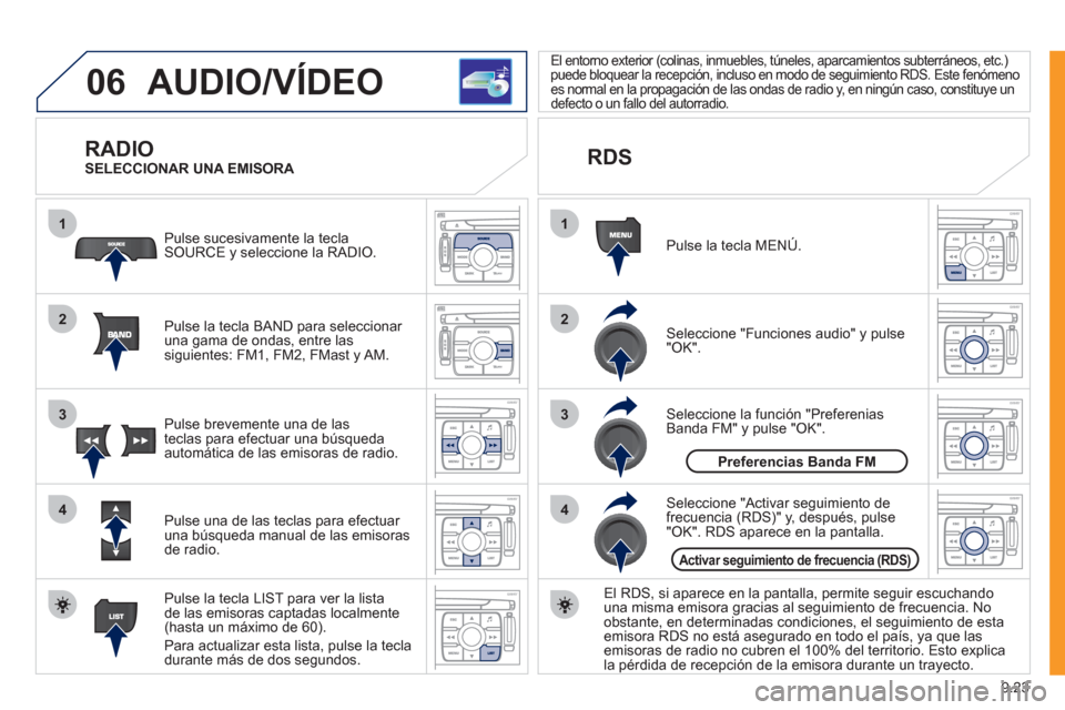 Peugeot Expert Tepee 2011 Manual del propietario (in Spanish) 9.23
06
1
2
4
3
1
2
4
3
AUDIO/VÍDEO
RADIO
Pulse la tecla BAND para seleccionar una gama de ondas, entre las
siguientes: FM1, FM2, FMast y AM. P
ulse sucesivamente la tecla SOURCE y seleccione Peugeot Expert Tepee 2011 Manual del propietario (in Spanish) 9.23
06
1
2
4
3
1
2
4
3
AUDIO/VÍDEO
RADIO
Pulse la tecla BAND para seleccionar una gama de ondas, entre las
siguientes: FM1, FM2, FMast y AM. P
ulse sucesivamente la tecla SOURCE y seleccione