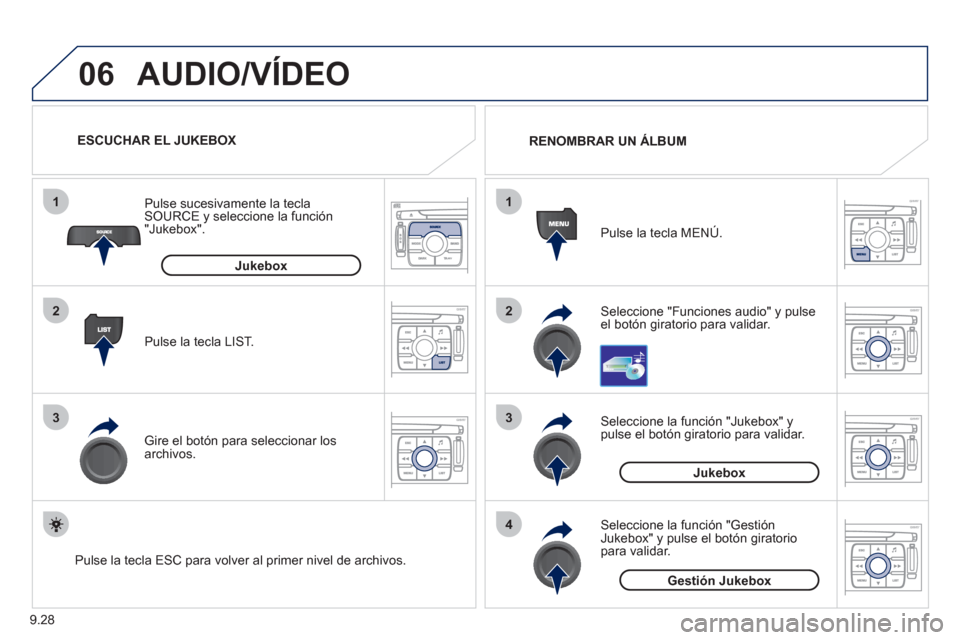Peugeot Expert Tepee 2011 Manual del propietario (in Spanish) 9.28
06
1
2
3
4
1
2
3
AUDIO/VÍDEO
Seleccione "Funciones audio" y pulse el botón giratorio para validar. Pulse la tecla MEN
Ú. RENOMBRAR UN ÁLBUM
Seleccione la función "Jukebox"
y pulse Peugeot Expert Tepee 2011 Manual del propietario (in Spanish) 9.28
06
1
2
3
4
1
2
3
AUDIO/VÍDEO
Seleccione "Funciones audio" y pulse el botón giratorio para validar. Pulse la tecla MEN
Ú. RENOMBRAR UN ÁLBUM
Seleccione la función "Jukebox"
y pulse