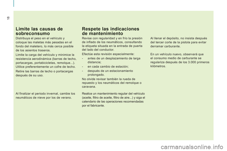 Peugeot Expert Tepee 2011  Manual del propietario (in Spanish) 18
Limite las causas de 
sobreconsumo 
   
Distribuya el peso en el vehículo y 
coloque las maletas más pesadas en el 
fondo del maletero, lo más cerca posible 
de los asientos traseros. 
  Limite 