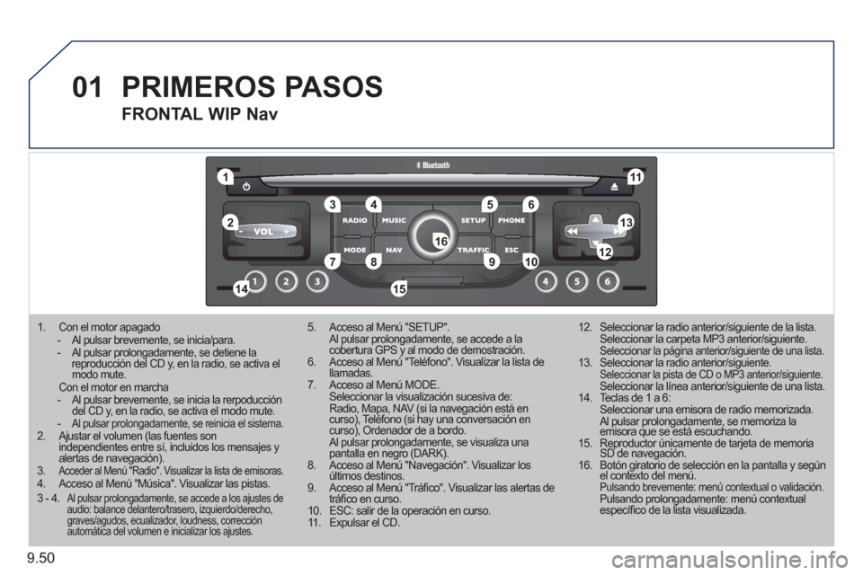 Peugeot Expert Tepee 2011  Manual del propietario (in Spanish) 9.50
01
11
55
101
22
334466
131
111
99
144155
77881212161
1.   Con el motor apagado  - Al pulsar brevemente, se inicia/para.  - Al pulsar prolongadamente, se detiene la reproducción del CD y, en la r