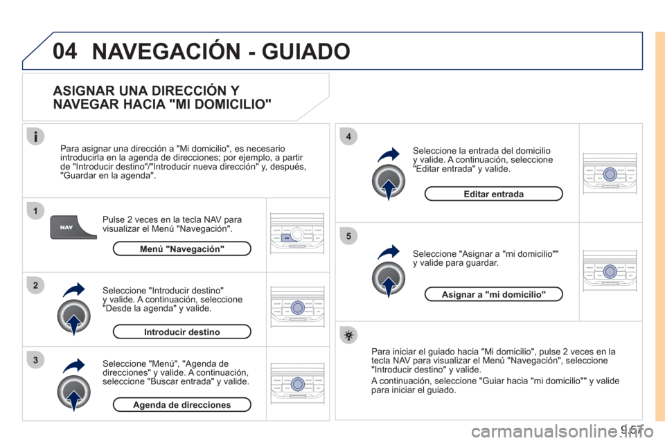 Peugeot Expert Tepee 2011  Manual del propietario (in Spanish) 9.57
04
1
2
3
5
4
  NAVEGACIÓN - GUIADO 
 
 
ASIGNAR UNA DIRECCIÓN Y 
NAVEGAR HACIA "MI DOMICILIO" 
Pulse 2 veces en la tecla NAV para
visualizar el Menú "Navegación".    
Para asi
gnar una direcc