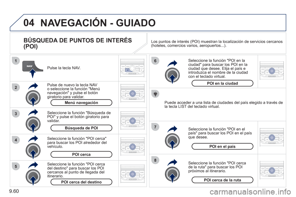 Peugeot Expert Tepee 2011 Manual del propietario (in Spanish) 9.60
04
8
6
7
4
3
5
2
1
NAVEGACIÓN - GUIADO
BÚSQUEDA DE PUNTOS DE INTERÉS
(POI)
Pulse la tecla NAV.
P
ulse de nuevo la tecla NAVo seleccione la función "Menú navegación" y pulse el Peugeot Expert Tepee 2011 Manual del propietario (in Spanish) 9.60
04
8
6
7
4
3
5
2
1
NAVEGACIÓN - GUIADO
BÚSQUEDA DE PUNTOS DE INTERÉS
(POI)
Pulse la tecla NAV.
P
ulse de nuevo la tecla NAVo seleccione la función "Menú navegación" y pulse el