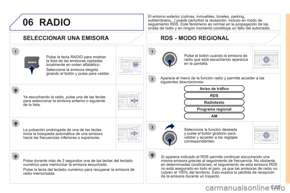 Peugeot Expert Tepee 2011 Manual del propietario (in Spanish) 9.65
06
3 2 1 1
SELECCIONAR UNA EMISORA
Pulse el botón cuando la emisora de radio que está escuchando aparezcaen la pantalla.
Aparece el menú de la función radio y permite a Peugeot Expert Tepee 2011 Manual del propietario (in Spanish) 9.65
06
3 2 1 1
SELECCIONAR UNA EMISORA
Pulse el botón cuando la emisora de radio que está escuchando aparezcaen la pantalla.
Aparece el menú de la función radio y permite a