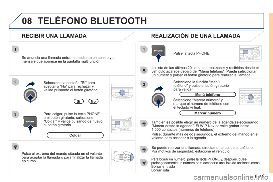 Peugeot Expert Tepee 2011  Manual del propietario (in Spanish) 9.71
08
1
3 2
2 1Seleccione la pestaña "Sí" para aceptar o "No" para rechazar y 
valide pulsando el botón giratorio. 
   
RECIBIR UNA LLAMADA    
REALIZACIÓN DE UNA LLAMADA 
 
 Se anuncia una llam