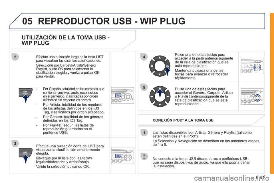 Peugeot Expert Tepee 2011  Manual del propietario (in Spanish) 9.91
05
42
3
1
5
REPRODUCTOR USB - WIP PLUG 
   
UTILIZACIÓN DE LA TOMA USB - 
WIP PLUG 
   
Efectúe una pulsación corta de LIST para
visualizar la clasiﬁ caciÛn anteriormenteelegida. 
  Nave
gu