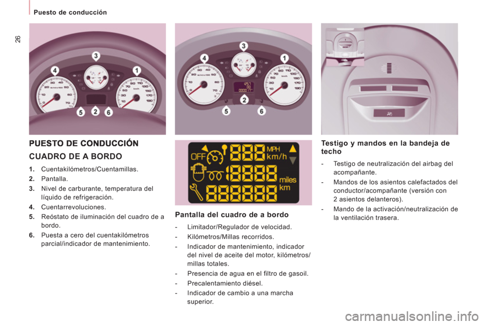 Peugeot Expert Tepee 2011  Manual del propietario (in Spanish) 26
   
 
Puesto de conducción  
 
 
CUADRO DE A BORDO 
 
 
 
1. 
 Cuentakilómetros/Cuentamillas. 
   
2. 
 Pantalla. 
   
3. 
  Nivel de carburante, temperatura del 
líquido de refrigeración. 
   