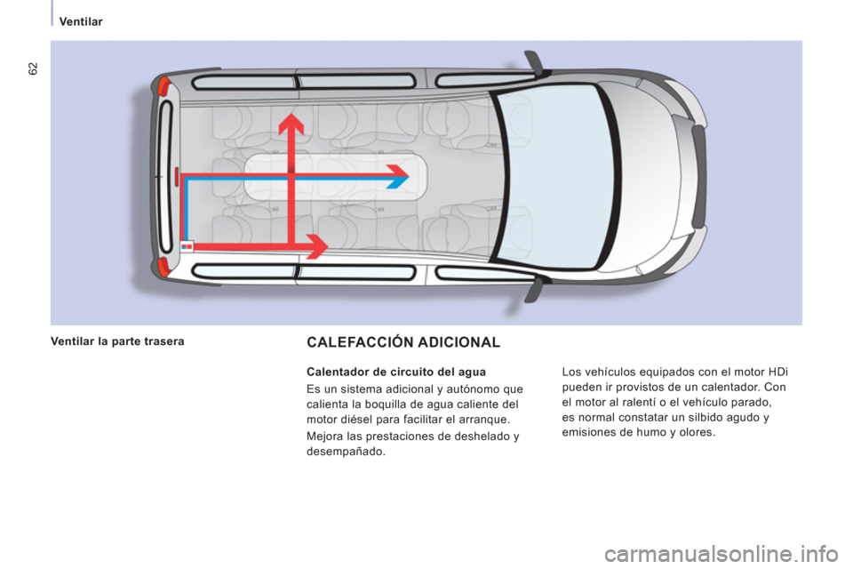 Peugeot Expert Tepee 2011 Manual del propietario (in Spanish) 62
Ventilar
CALEFACCIÓN ADICIONAL
Los vehículos equipados con el motor HDi
pueden ir provistos de un calentador. Con
el motor al ralentí o el vehículo parado,
es normal constatar un silbido Peugeot Expert Tepee 2011 Manual del propietario (in Spanish) 62
Ventilar
CALEFACCIÓN ADICIONAL
Los vehículos equipados con el motor HDi
pueden ir provistos de un calentador. Con
el motor al ralentí o el vehículo parado,
es normal constatar un silbido