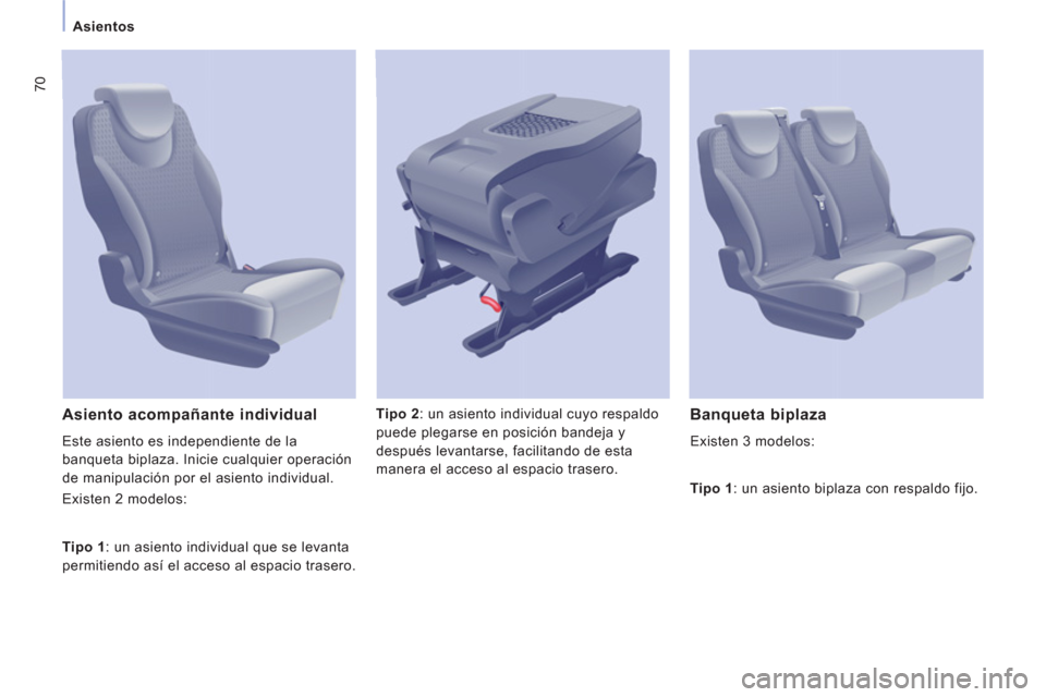 Peugeot Expert Tepee 2011  Manual del propietario (in Spanish) 70
Asientos
   
 
Tipo 2 
:  
 un asiento individual cuyo respaldo 
puede plegarse en posición bandeja y 
después levantarse, facilitando de esta 
manera el acceso al espacio trasero.  
 
 Asiento a