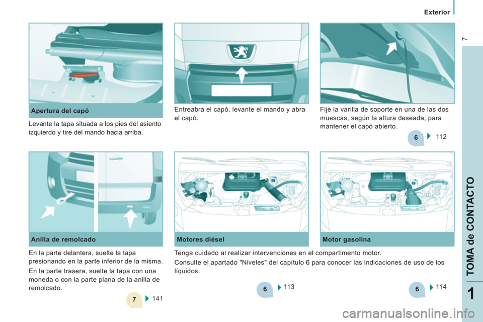 Peugeot Expert Tepee 2011  Manual del propietario (in Spanish) 6
7
6
6
 7
   
 
Exterior  
 
TOMA de CONTACTO
1
 
 
 
Apertura del capó 
  11 3      
Motores diésel    
Motor gasolina 
  11 4  
 
  141      
Anilla de remolcado   11 2     Entreabra el capó, le