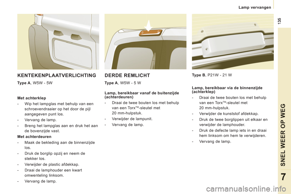 Peugeot Expert Tepee 2011  Handleiding (in Dutch)    
 Lamp vervangen
SNEL WEER OP WE
G
7
DERDE REMLICHT 
 
 
Type A , W5W - 5 W     
Type B , P21W - 21 W  
 
KENTEKENPLAATVERLICHTING
 
 
Type A , W5W - 5W  
   
Met achterklep 
   
 
-   Wip het lamp