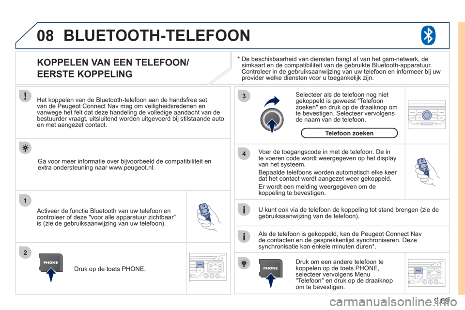 Peugeot Expert Tepee 2011 Handleiding (in Dutch) 9.69
08
1
2
3
4
BLUETOOTH-TELEFOON
*
De beschikbaarheid van diensten hangt af van het gsm-netwerk, de
simkaart en de compatibiliteit van de gebruikte Bluetooth-apparatuur.Controleer in de gebrui Peugeot Expert Tepee 2011 Handleiding (in Dutch) 9.69
08
1
2
3
4
BLUETOOTH-TELEFOON
*
De beschikbaarheid van diensten hangt af van het gsm-netwerk, de
simkaart en de compatibiliteit van de gebruikte Bluetooth-apparatuur.Controleer in de gebrui
