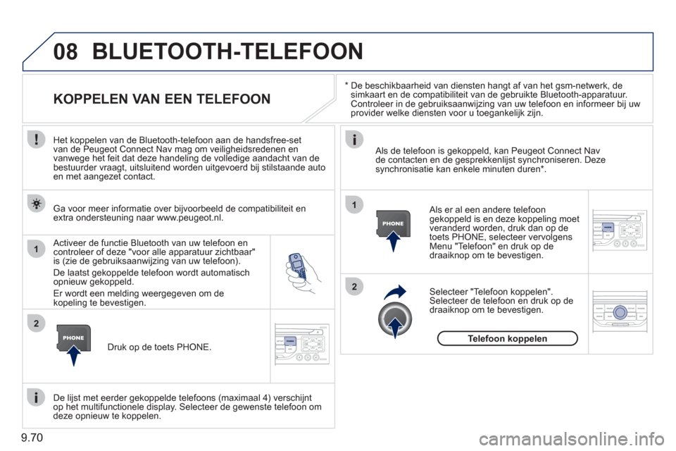 Peugeot Expert Tepee 2011 Handleiding (in Dutch) 9.70
08
1
2
2
1
*
De beschikbaarheid van diensten hangt af van het gsm-netwerk, desimkaart en de compatibiliteit van de gebruikte Bluetooth-apparatuur. Controleer in de gebruiksaanwijzing van Peugeot Expert Tepee 2011 Handleiding (in Dutch) 9.70
08
1
2
2
1
*
De beschikbaarheid van diensten hangt af van het gsm-netwerk, desimkaart en de compatibiliteit van de gebruikte Bluetooth-apparatuur. Controleer in de gebruiksaanwijzing van
