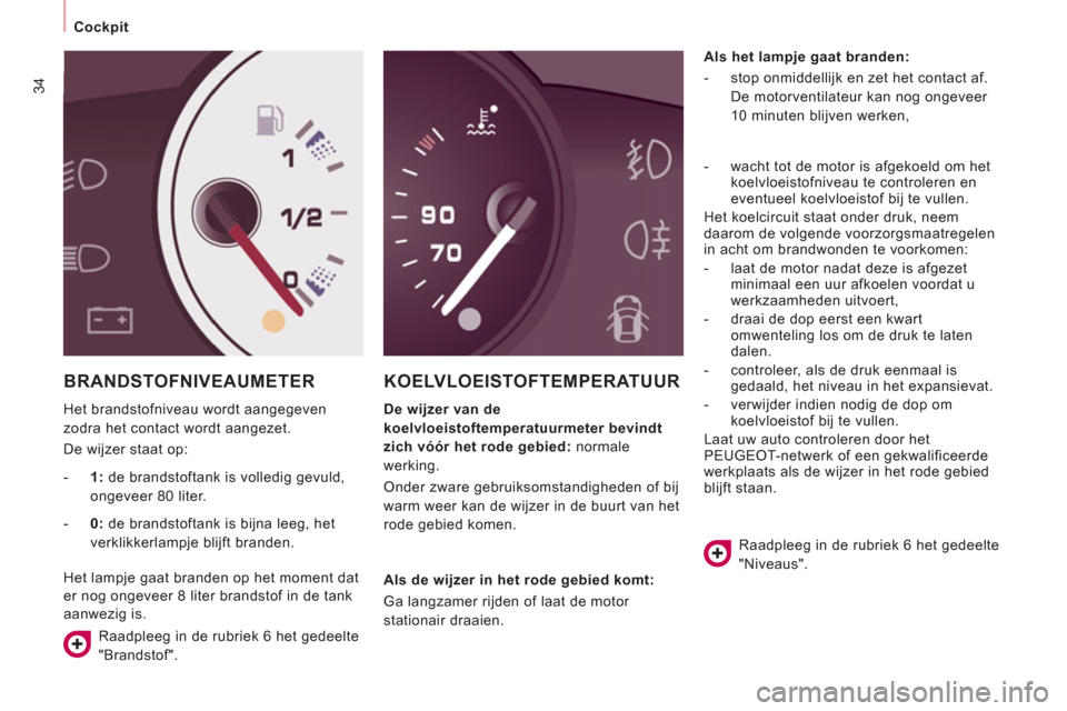 Peugeot Expert Tepee 2011  Handleiding (in Dutch) 34
Cockpit
  BRANDSTOFNIVEAUMETER 
 
Het brandstofniveau wordt aangegeven 
zodra het contact wordt aangezet. 
  De wijzer staat op: 
KOELVLOEISTOFTEMPERATUUR 
 
 
De wijzer van de 
koelvloeistoftemper