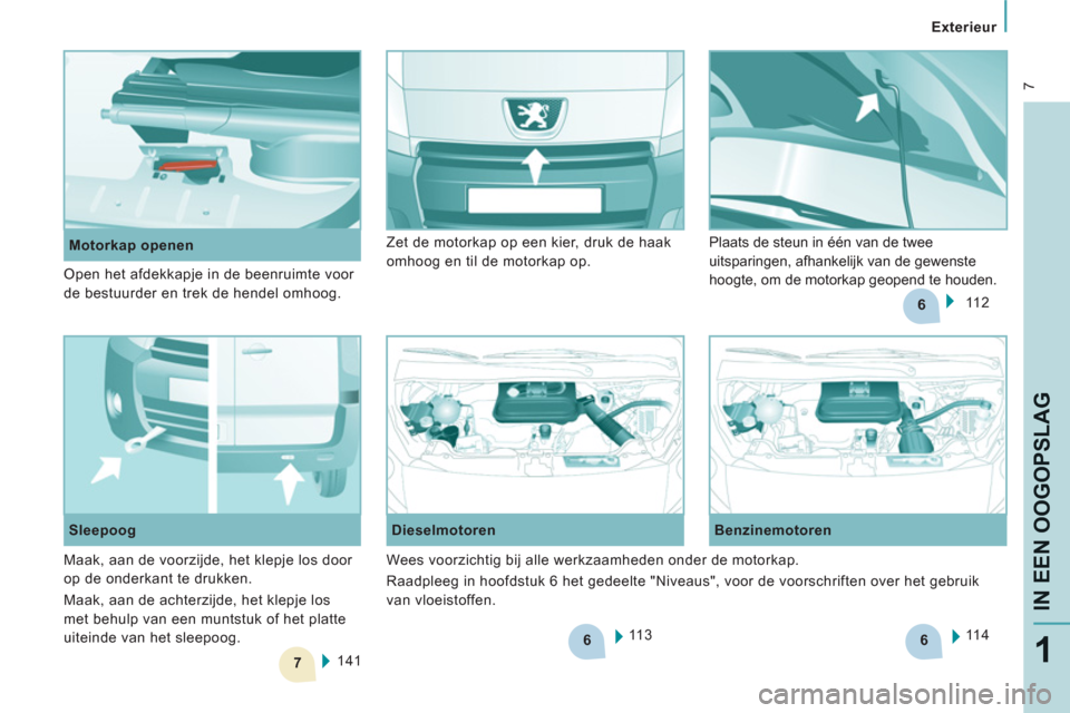 Peugeot Expert Tepee 2011  Handleiding (in Dutch) 6
7
6
6
 7
Exterieur
IN EEN OOGOPSLA
G
1
   
 
Motorkap openen 
  11 3      
Dieselmotoren   
Benzinemotoren 
  11 4  
 
  141      
Sleepoog   11 2     Zet de motorkap op een kier, druk de haak 
omho