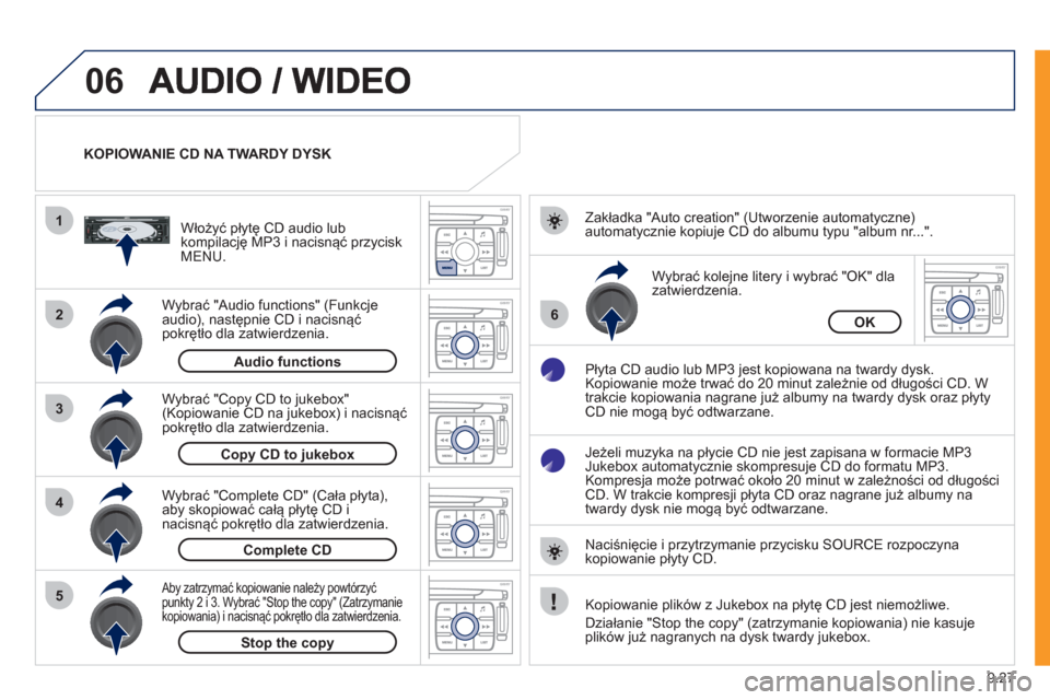 Peugeot Expert Tepee 2011  Instrukcja Obsługi (in Polish) 9.27
06
1
2
4
3
6
5
KOPIOWANIE CD NA TWARDY DYSK  
W
ybrać "Audio functions" (Funkcjeaudio), następnie CD i nacisnąć
pokrętło dla zatwierdzenia.    
Włoż
y�ü płytę CD audio lub 
kompilację