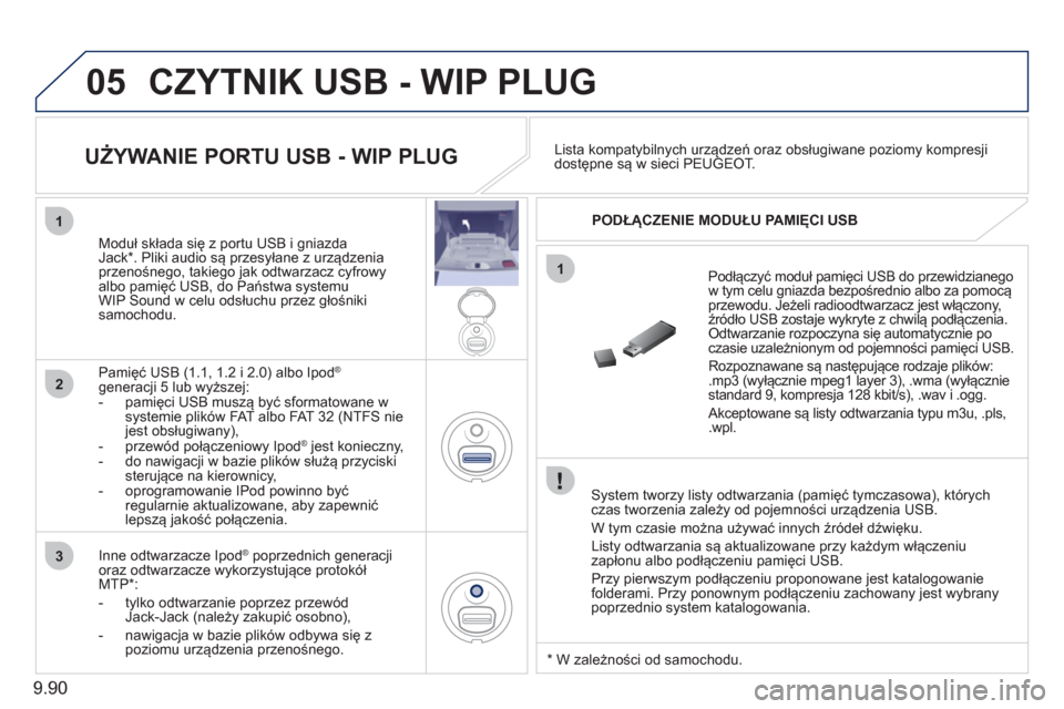 Peugeot Expert Tepee 2011 Instrukcja Obsługi (in Polish) 9.90
05
1
1
2
3
CZYTNIK USB - WIP PLUG
System tworzy listy odtwarzania (pamięć tymczasowa), którychczas tworzenia zależy od pojemności urządzenia USB.
W t
ym czasie można używać inny Peugeot Expert Tepee 2011 Instrukcja Obsługi (in Polish) 9.90
05
1
1
2
3
CZYTNIK USB - WIP PLUG
System tworzy listy odtwarzania (pamięć tymczasowa), którychczas tworzenia zależy od pojemności urządzenia USB.
W t
ym czasie można używać inny