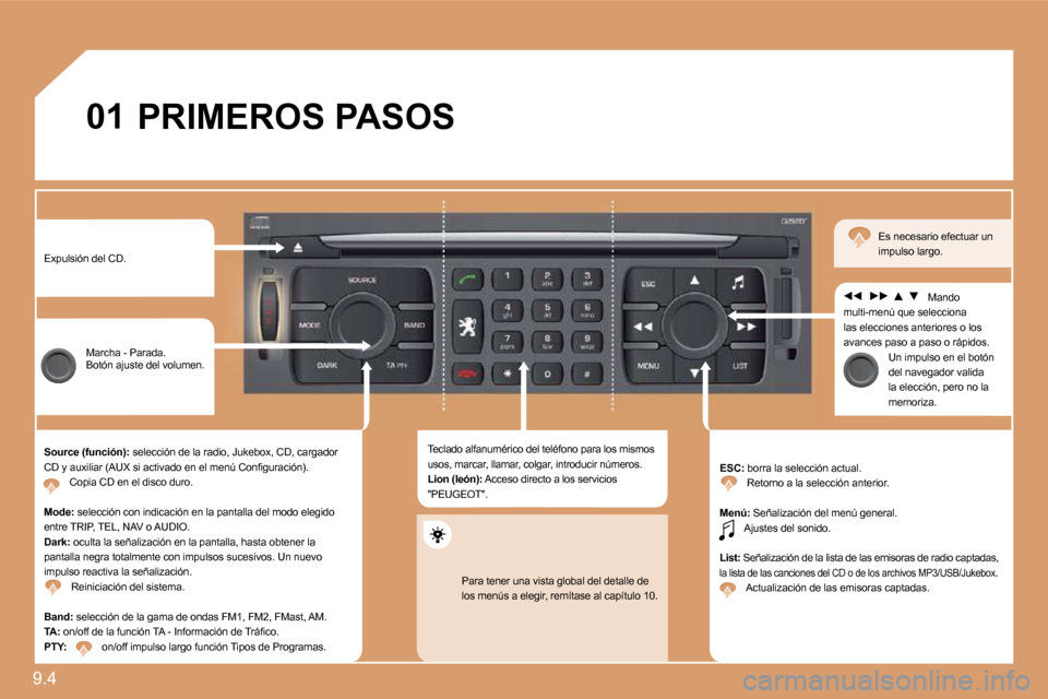 Peugeot Expert Tepee 2010  Manual del propietario (in Spanish) 9.4 
01 PRIMEROS PASOS 
 Expulsión del CD. 
 Marcha - Parada.  Botón ajuste del volumen. 
�S�o�u�r�c�e� �(�f�u�n�c�i�ó�n�)�:� � selección de la radio, Jukebox, CD, cargador �C�D� �y� �a�u�x�i�l�i�