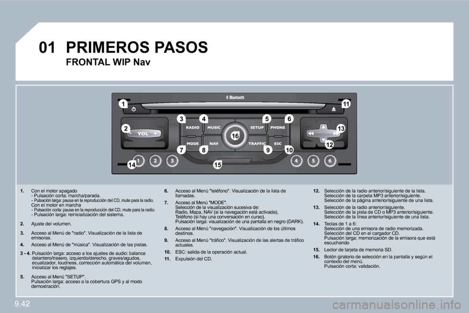 Peugeot Expert Tepee 2010  Manual del propietario (in Spanish) 9.42
1
�5
10
01
�2
�3�4�6
�1�3
11
�9
�1�4�1�5
�7�8�1�2
�1�6
�1�.�   Con el motor apagado    - Pulsación corta: marcha/parada.    - Pulsación larga: pausa en la reproducción del CD, m
ute para la ra