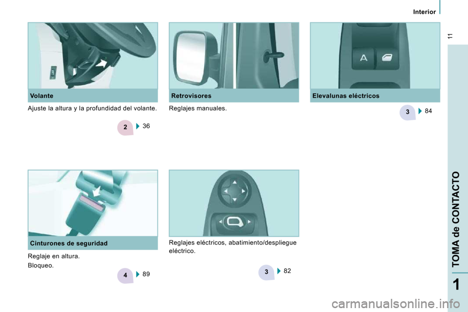 Peugeot Expert Tepee 2010  Manual del propietario (in Spanish) 2
4
3
3
 11
   Interior   
TOMA de CONTACTO
1
  Volante   Elevalunas eléctricos 
  Retrovisores 
 36  
  Cinturones de seguridad   89    84   
 82  
 Ajuste la altura y la profundidad del volante.   