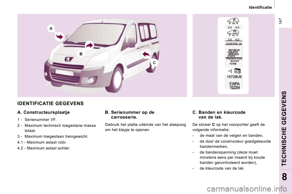 Peugeot Expert Tepee 2010  Handleiding (in Dutch)  147
Identificatie
TECHNISCHE GEGEVENS
8
 IDENTIFICATIE GEGEVENS 
  A.  Constructeursplaatje 
 1 -  Serienummer VF.  
 2 -  Maximum technisch toegestane massa totaal. 
 3 -  Maximum toegestaan treinge
