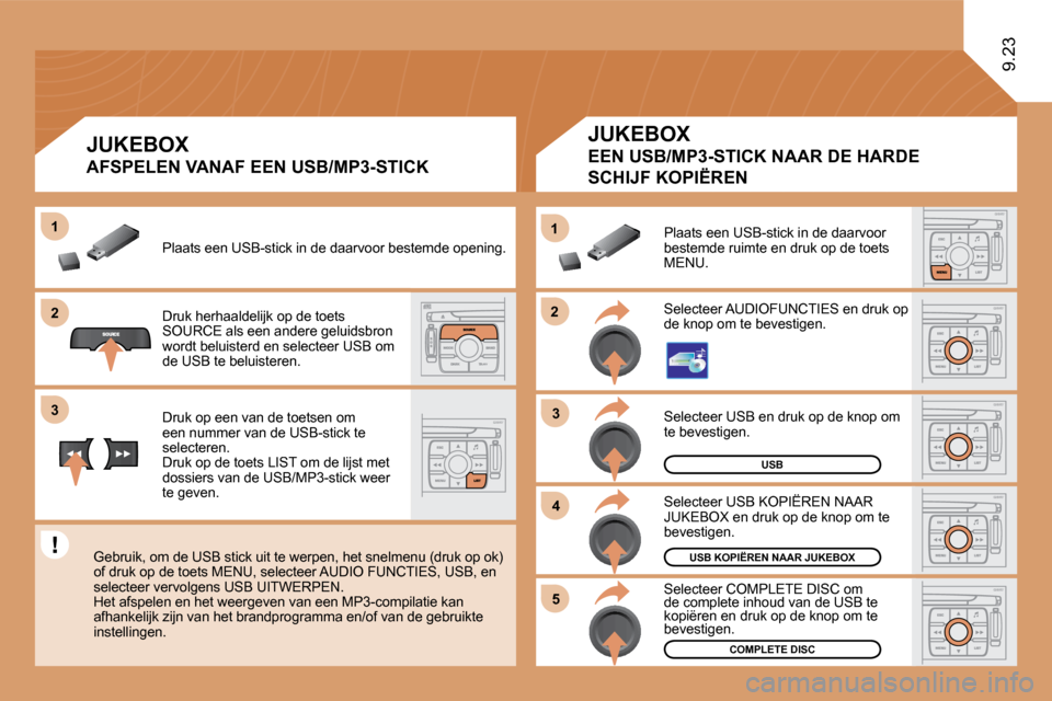 Peugeot Expert Tepee 2010  Handleiding (in Dutch) �2�2
11
�3�3
44
�5�5
�2�2
�3�3
11
USB
 Selecteer USB en druk op de knop om te bevestigen. 
USB KOPIËREN NAAR JUKEBOX
COMPLETE DISC
 Selecteer USB KOPIËREN NAAR JUKEBOX en druk op de knop om te beves