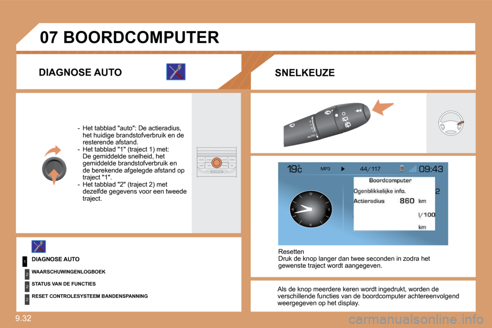 Peugeot Expert Tepee 2010  Handleiding (in Dutch) 9.32 
�0�7
1
2
2
2
126 3
9
 Als de knop meerdere keren wordt ingedrukt, worden  de verschillende functies van de boordcomputer achtereenvolgend weergegeven op het display.   
 Resetten  Druk de knop l